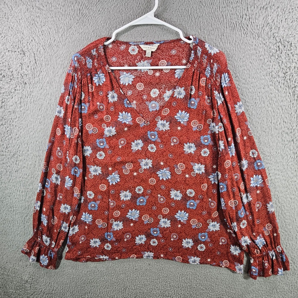 Lucky Brand Womens Large Rust Red Floral V-Neck Smocked Long Sleeve Blouse Top